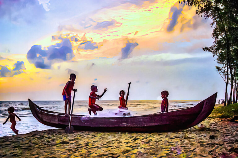 4 children carefree playing on a docked sampan